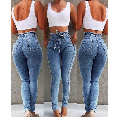 Cowboy fabric fringed jeans in dark blue, grey, or light blue on a model.