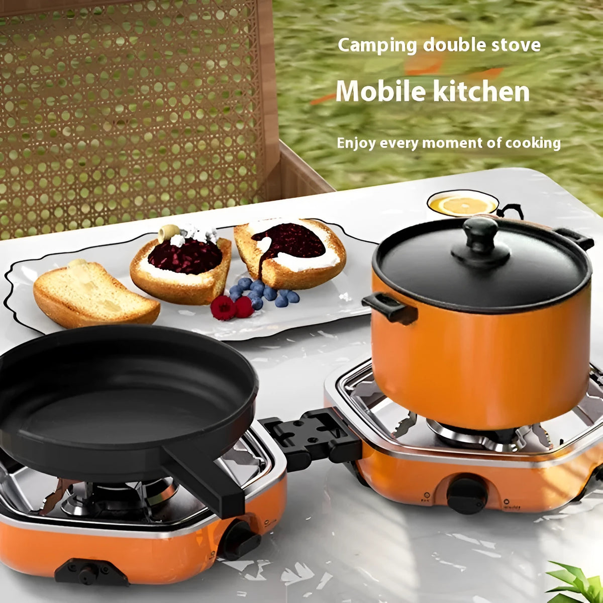 Orange portable double-headed folding camping gas stove with two 2.5kW butane burners, shown open and folded