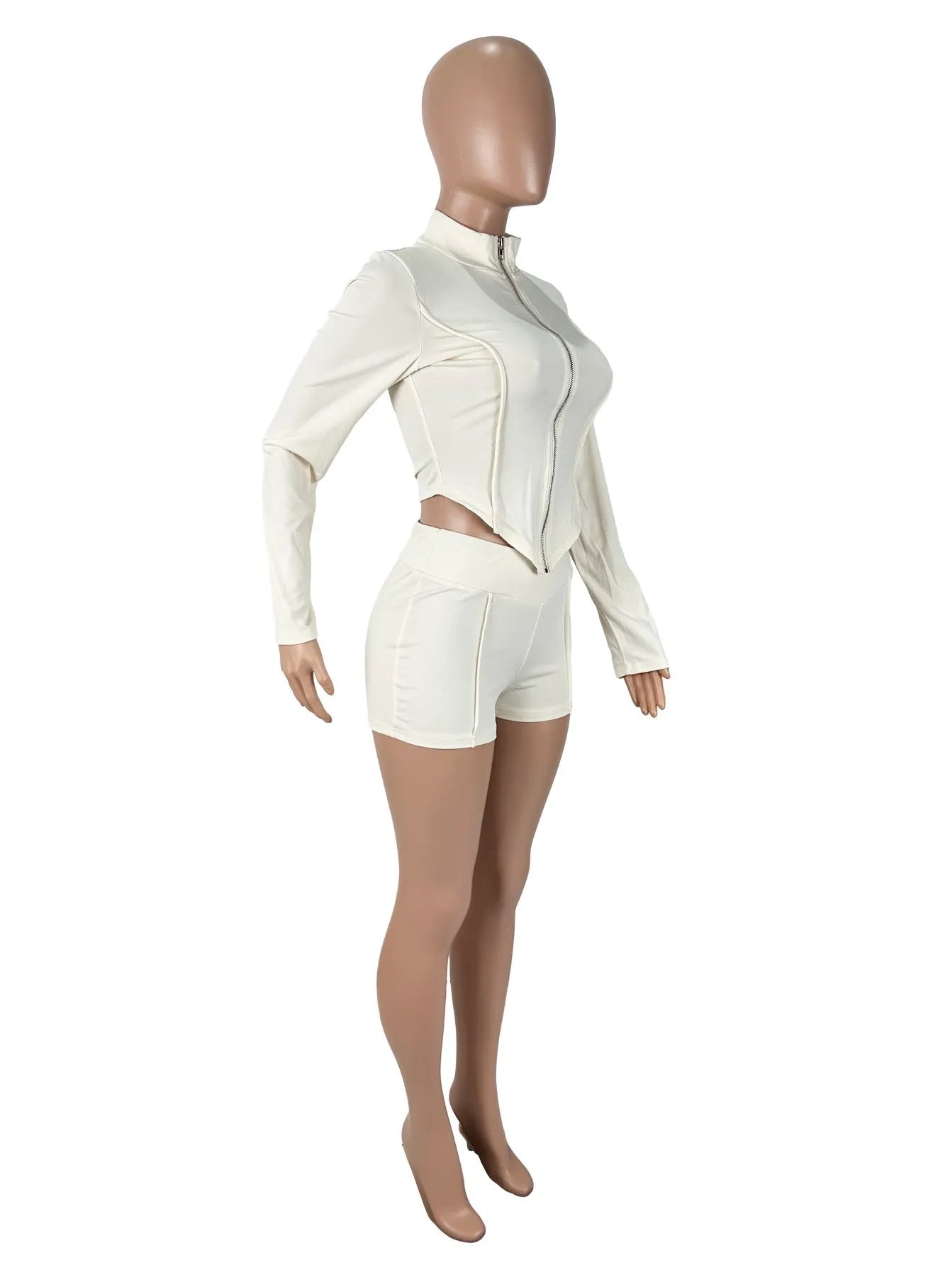 Women's apricot solid colour lapel long sleeve shorts suit set with polyester fabric