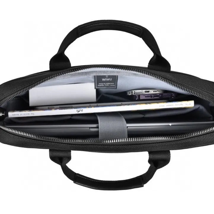 Black Oxford cloth laptop bag showing multiple interior organisational pockets and a security lock.