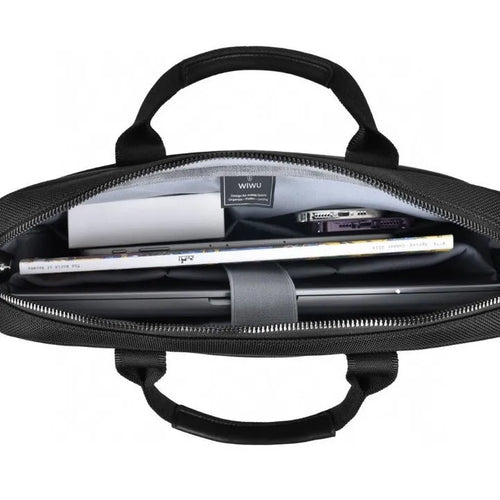 Black Oxford cloth laptop bag showing multiple interior organisational pockets and a security lock.