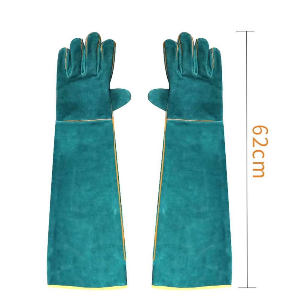 Dark green leather pet handling gloves with extended sleeve cuffs for animal bite protection