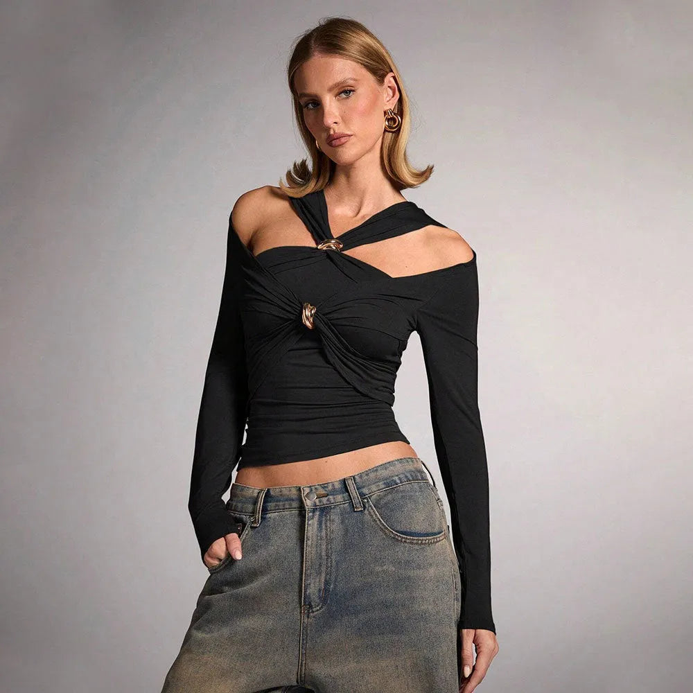Black women's halter top with shoulder-baring design and long sleeves