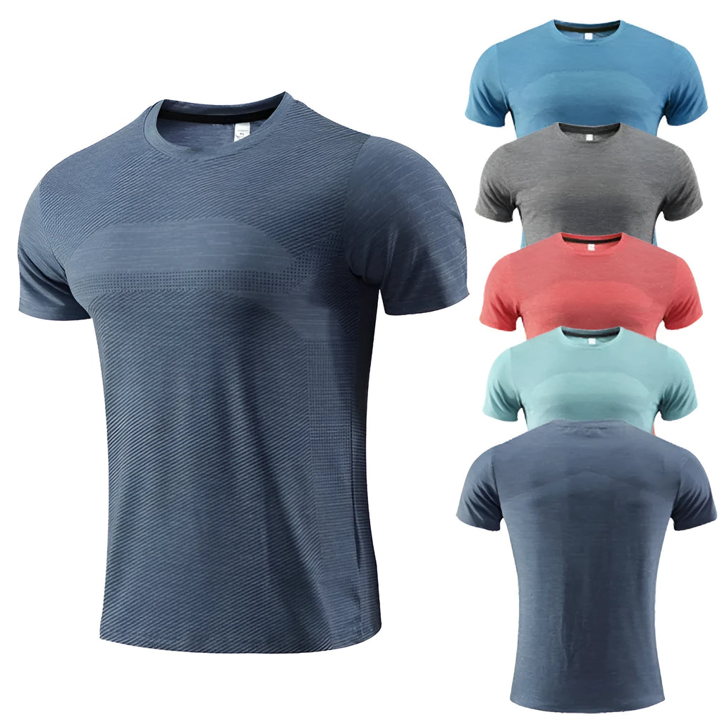 Men's red short-sleeved sports T-shirt made from polyester spandex fabric for running and basketball.