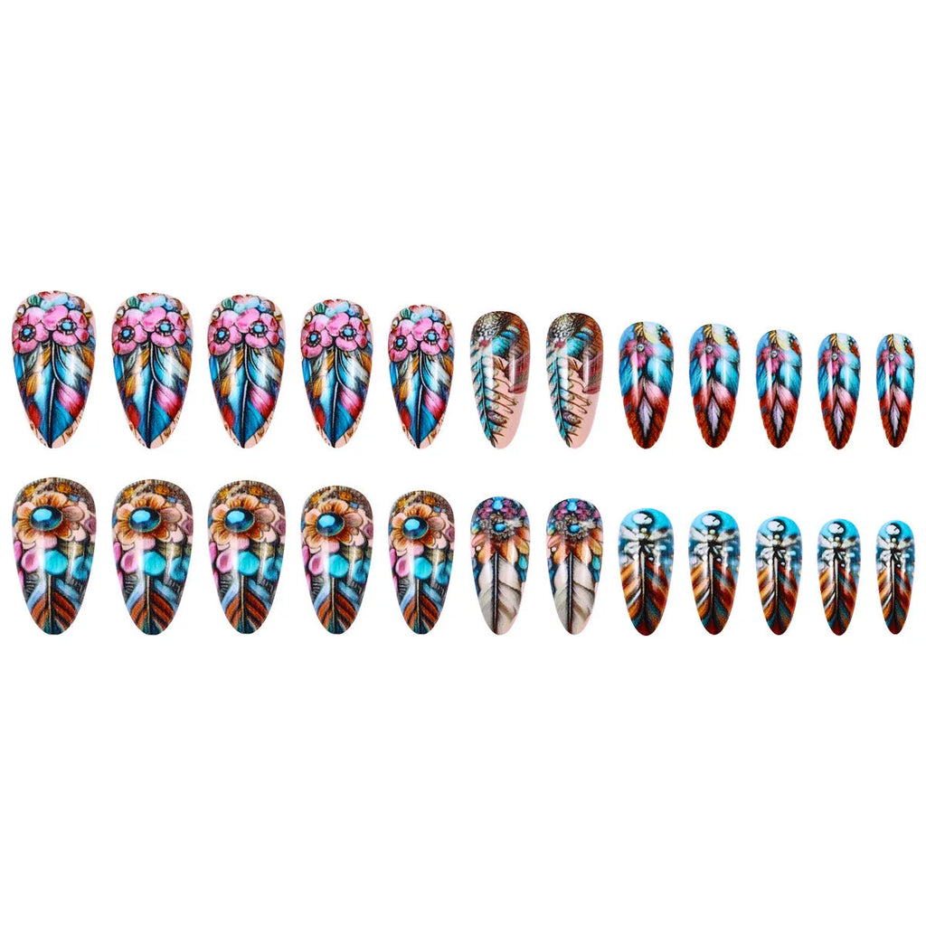 European American retro nail art set with colourful feather armour designs