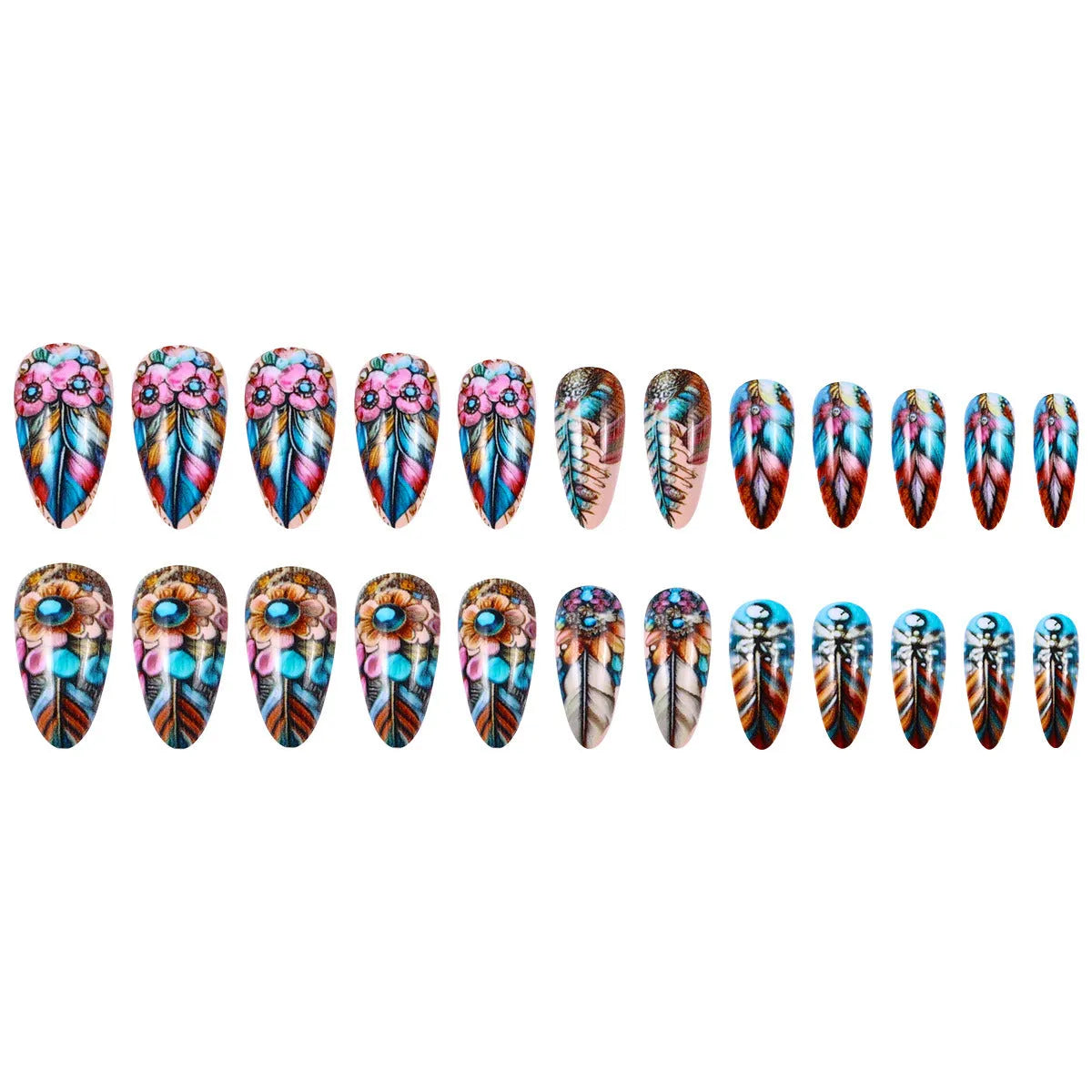 European American retro nail art set with colourful feather armour designs