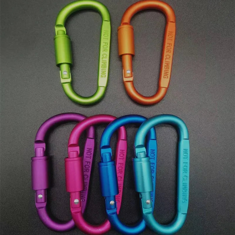 Aluminium D-type screw-lock carabiner in red, showing its 8cm size and flat-sided shape.