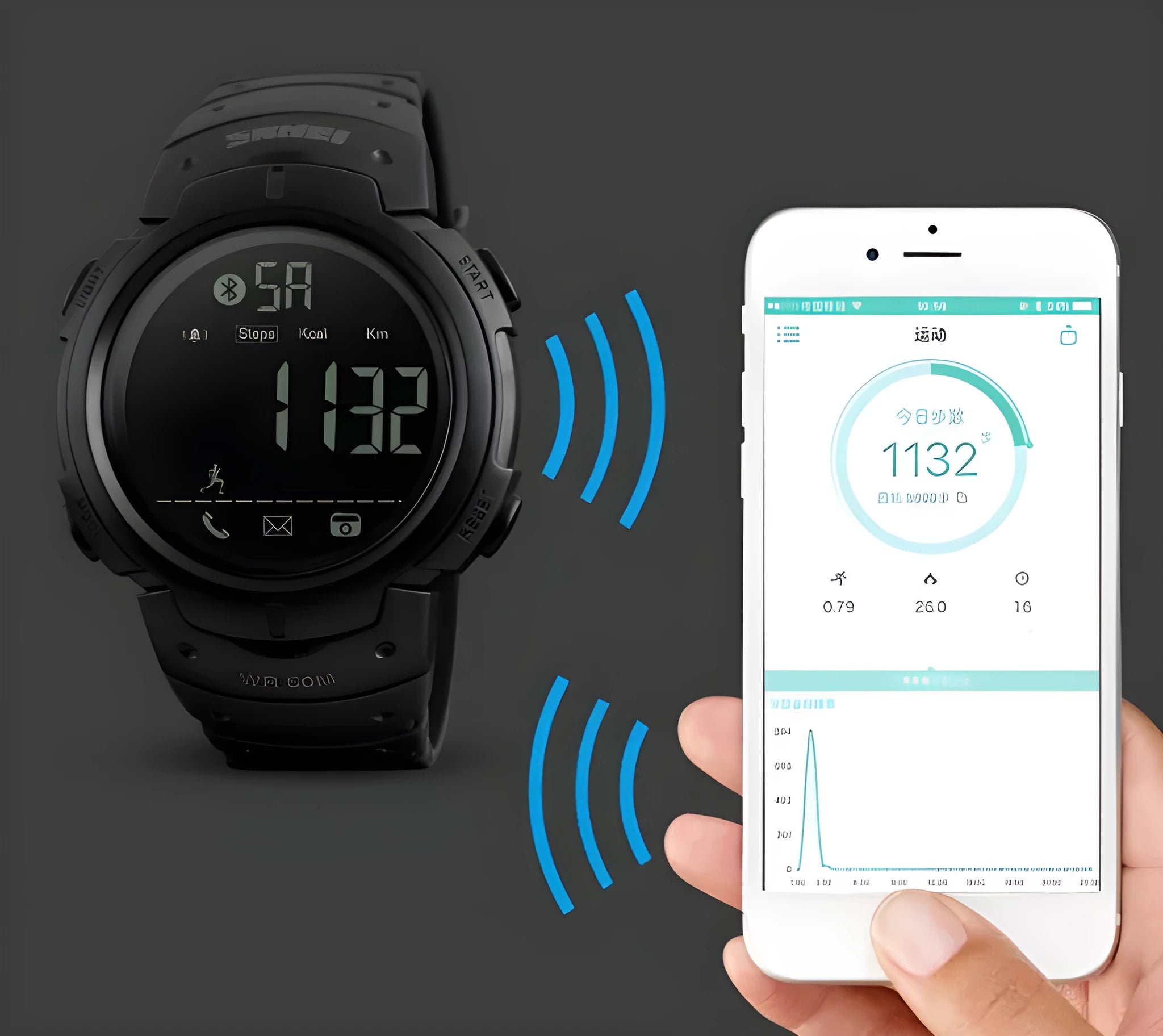 Smart watch with 50mm round dial, resin mirror, ABS case, and PU strap compatible with iPhone and Android phones