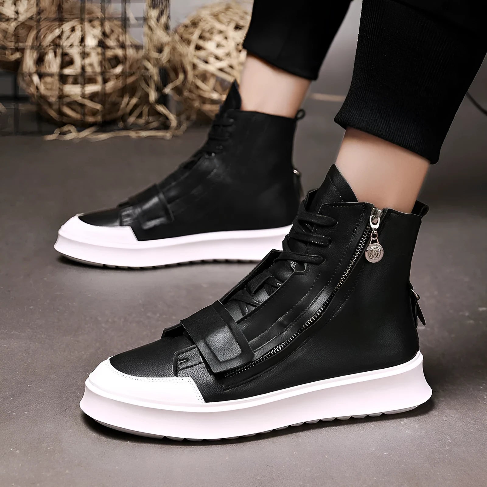 Men's black and white PU leather ankle boots in high-top sneaker style for winter.