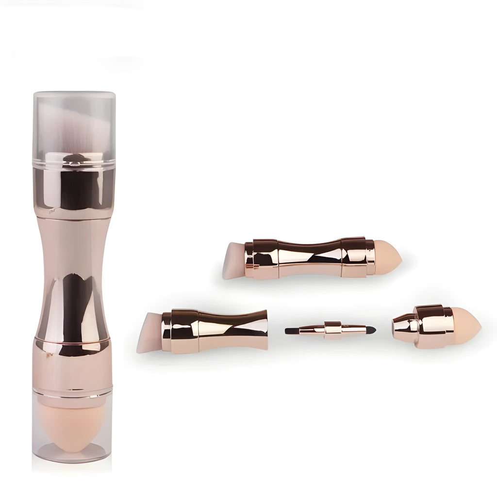 Four-in-one makeup brush with PBT bristles, latex sponge puff, EPDM eyeshadow head and gold handle, 12cm