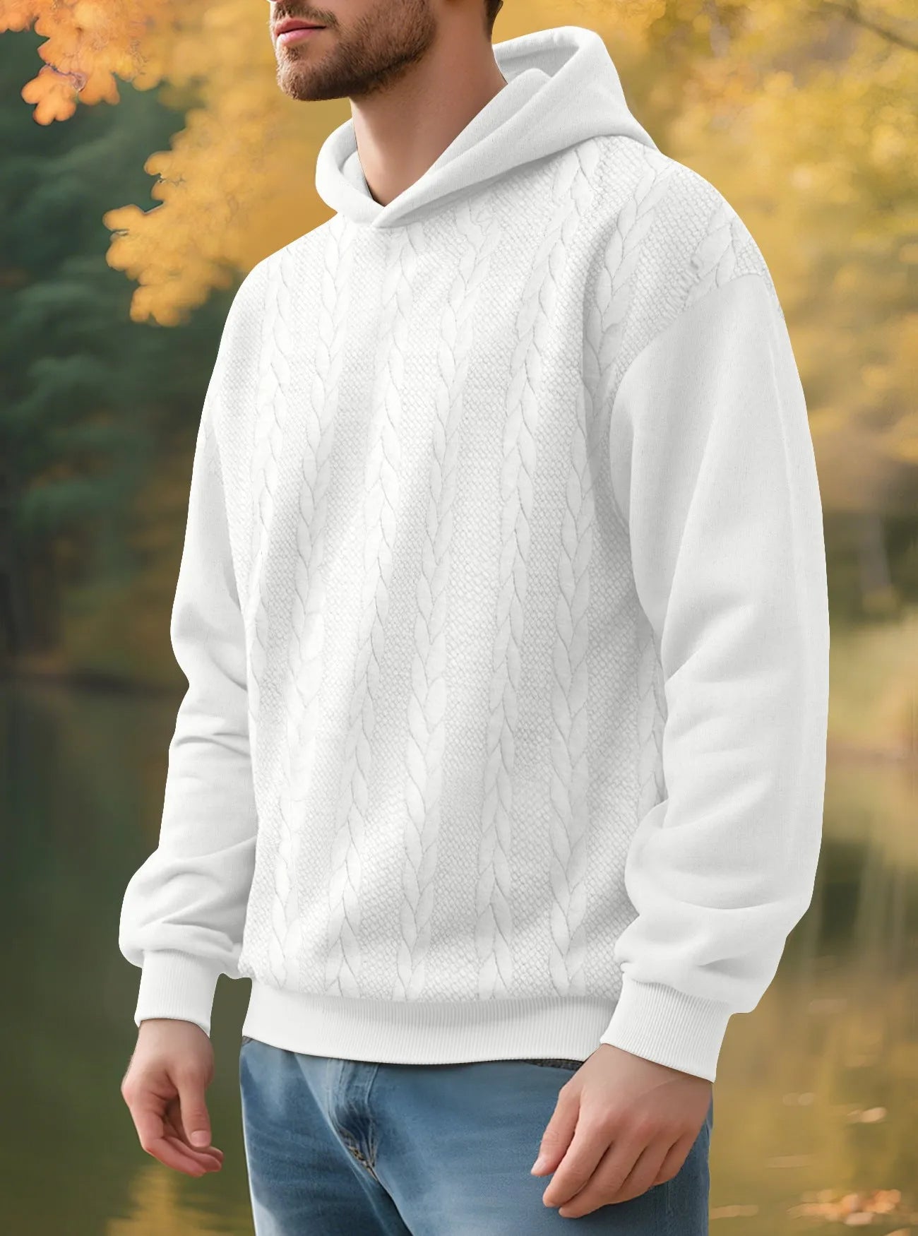 Men's casual thick jacquard hooded sweatshirt wool lined winter loose fit polyester