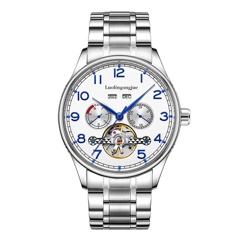 Men's stainless steel mechanical watch with sapphire glass on a leather strap.