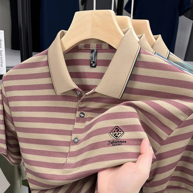 Man wearing a red mosaic stripe short sleeve casual polyester shirt.