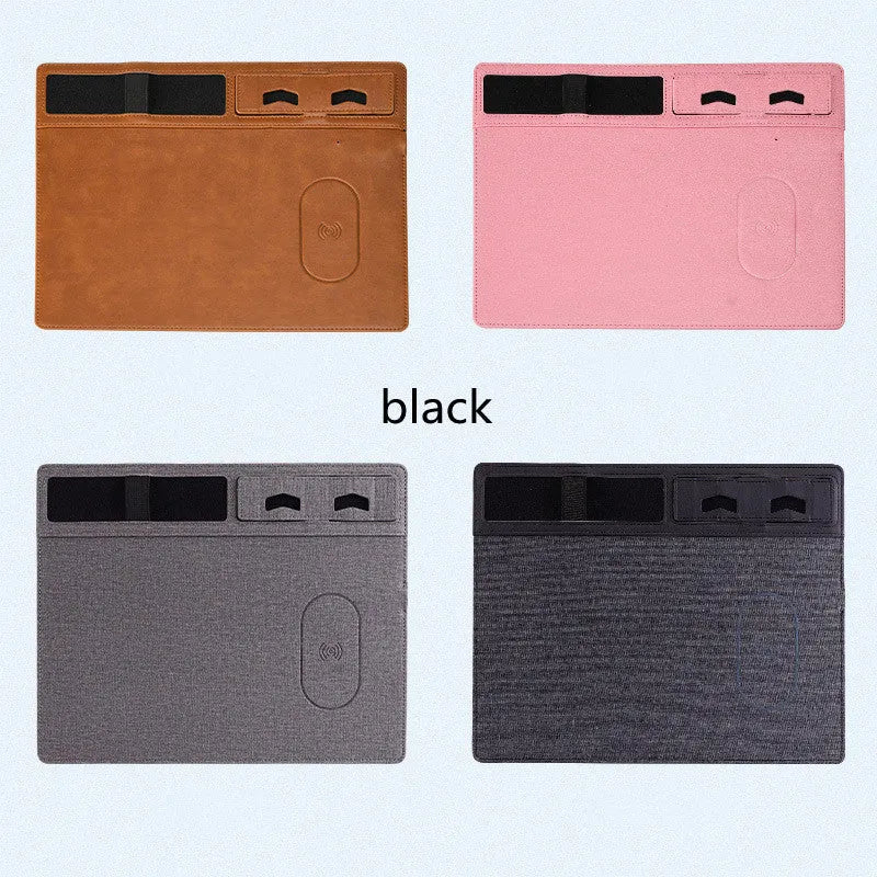 Wireless charging gaming mouse pad with integrated phone holder showing black colour option