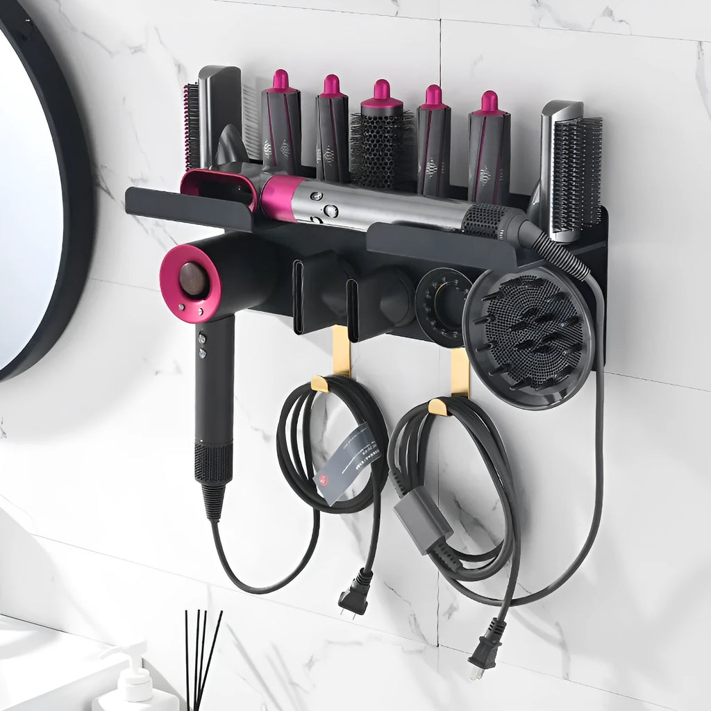 Wall-mounted aluminium alloy curling rod storage rack and hair dryer holder with anodised finish for barber shop use