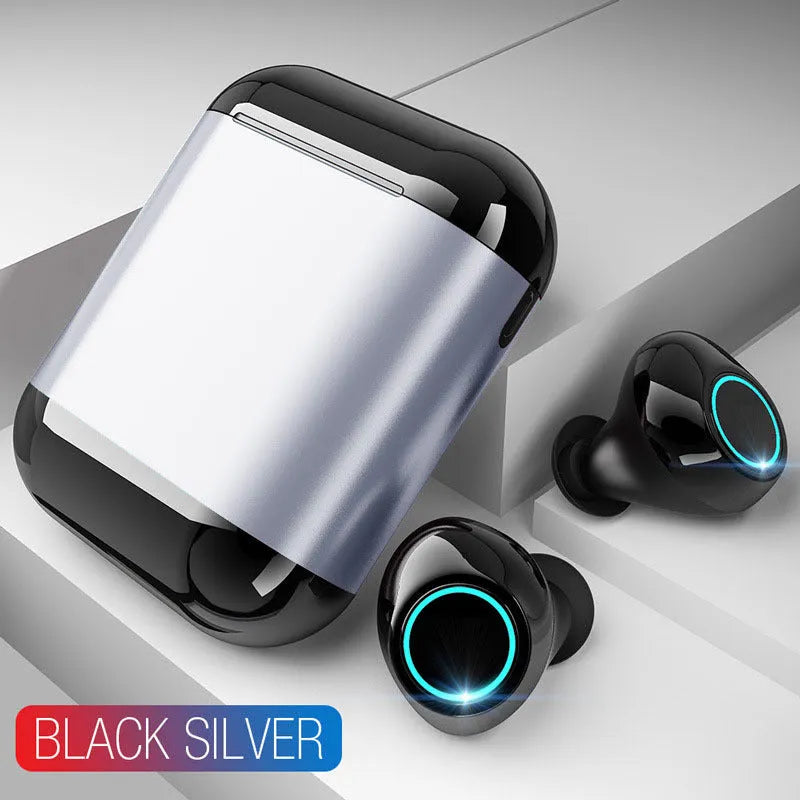 Black TWS Bluetooth wireless earphones with charging case showing wireless connection between earpieces