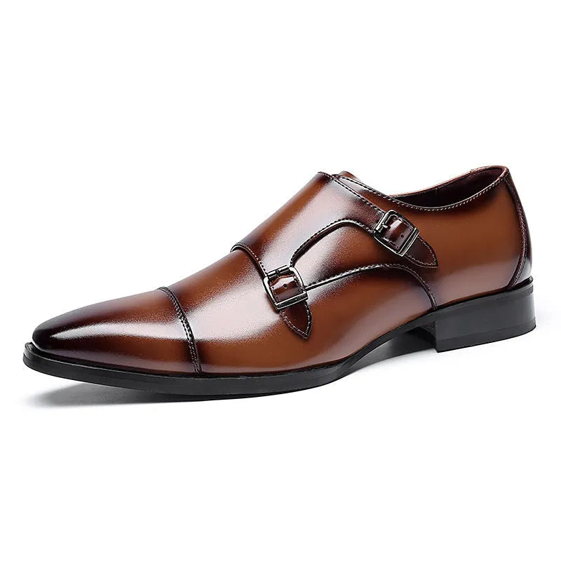 Men's black and light brown leather business shoes with square toe and rubber soles