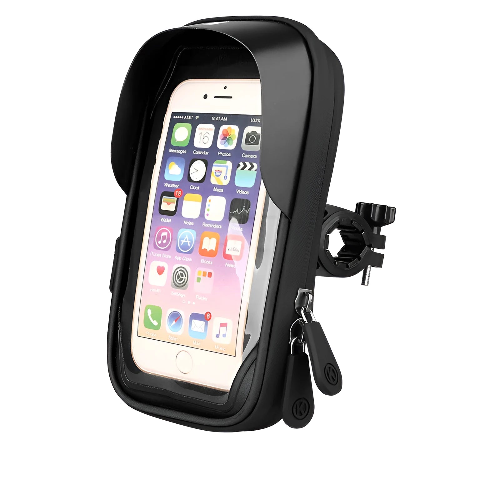 Black mobile phone mount for bicycle handlebars with waterproof zipper, showing touch-sensitive TPU front.