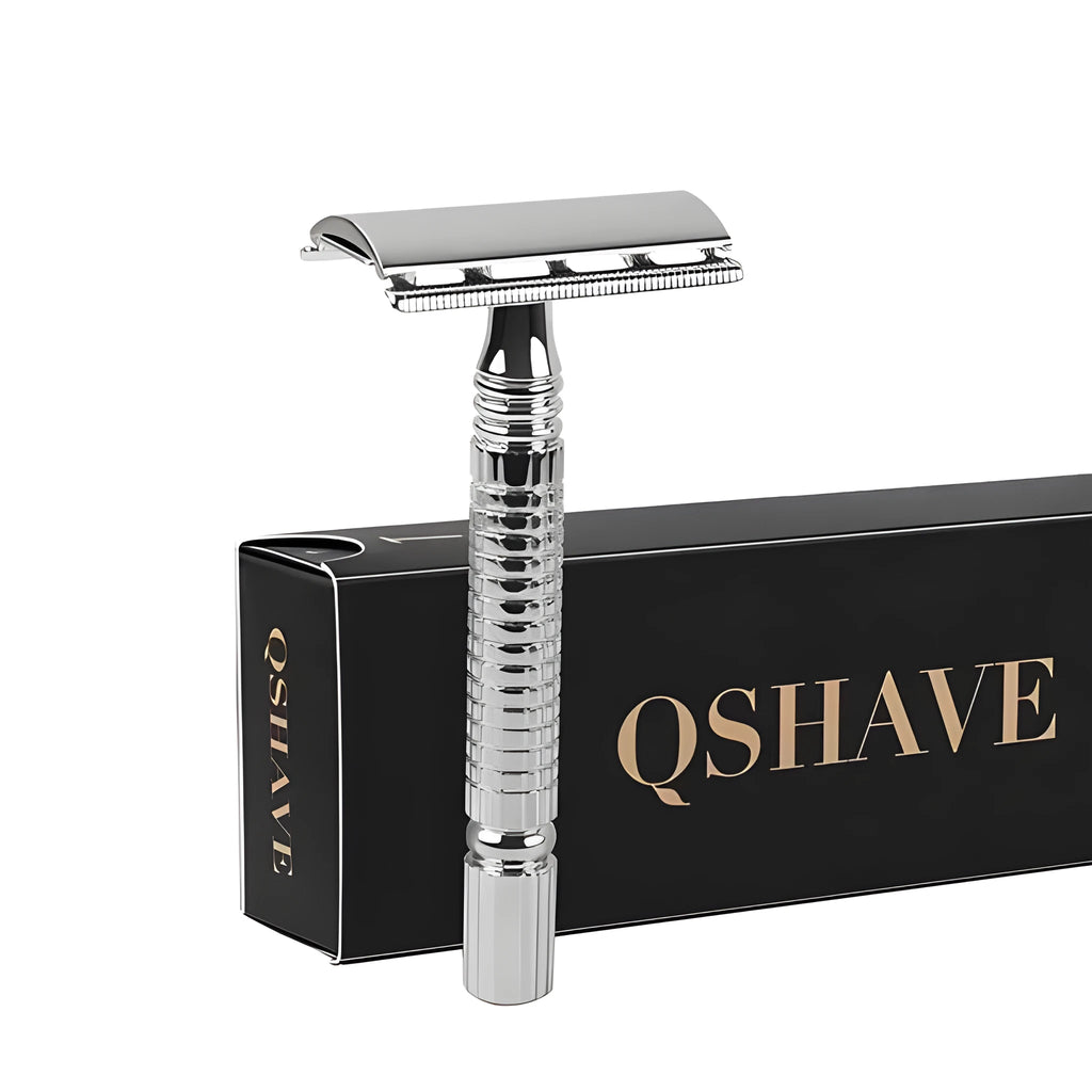 Chrome-plated brass double edged safety razor with knurled handle patterning