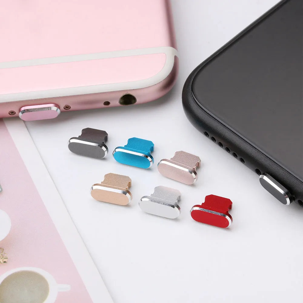 Aluminium alloy charging port dust plug for iPhone in various colours including gold, silver, blue, and black.