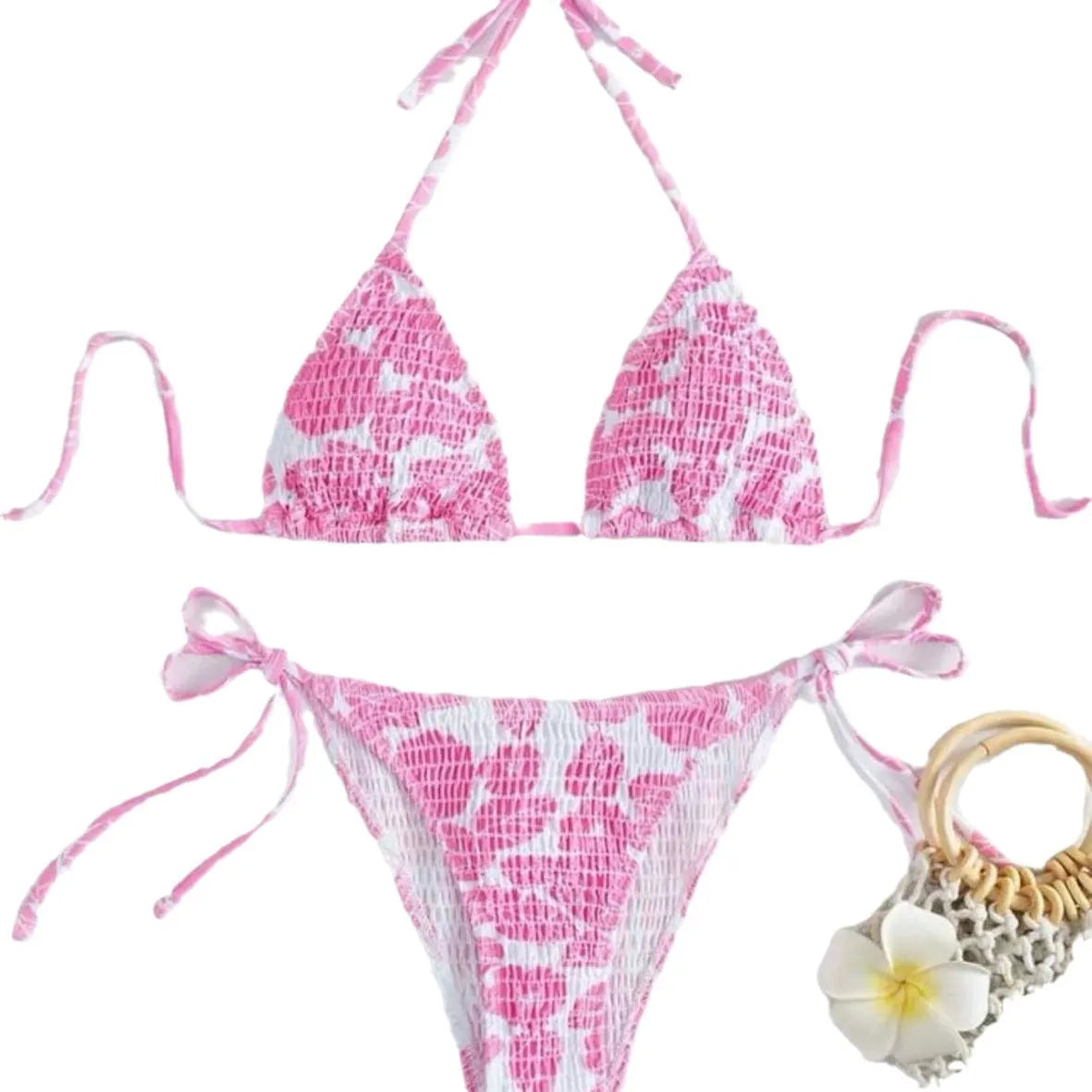 Women's floral halter swimsuit briefs in light blue, orange red, pink, rose red or sapphire blue