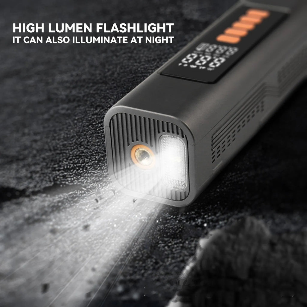 Wireless car tyre inflator with digital display showing pressure readings in multiple units