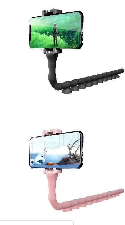 Black flexible rubber phone holder with suction cup extended to 62cm length on a desktop