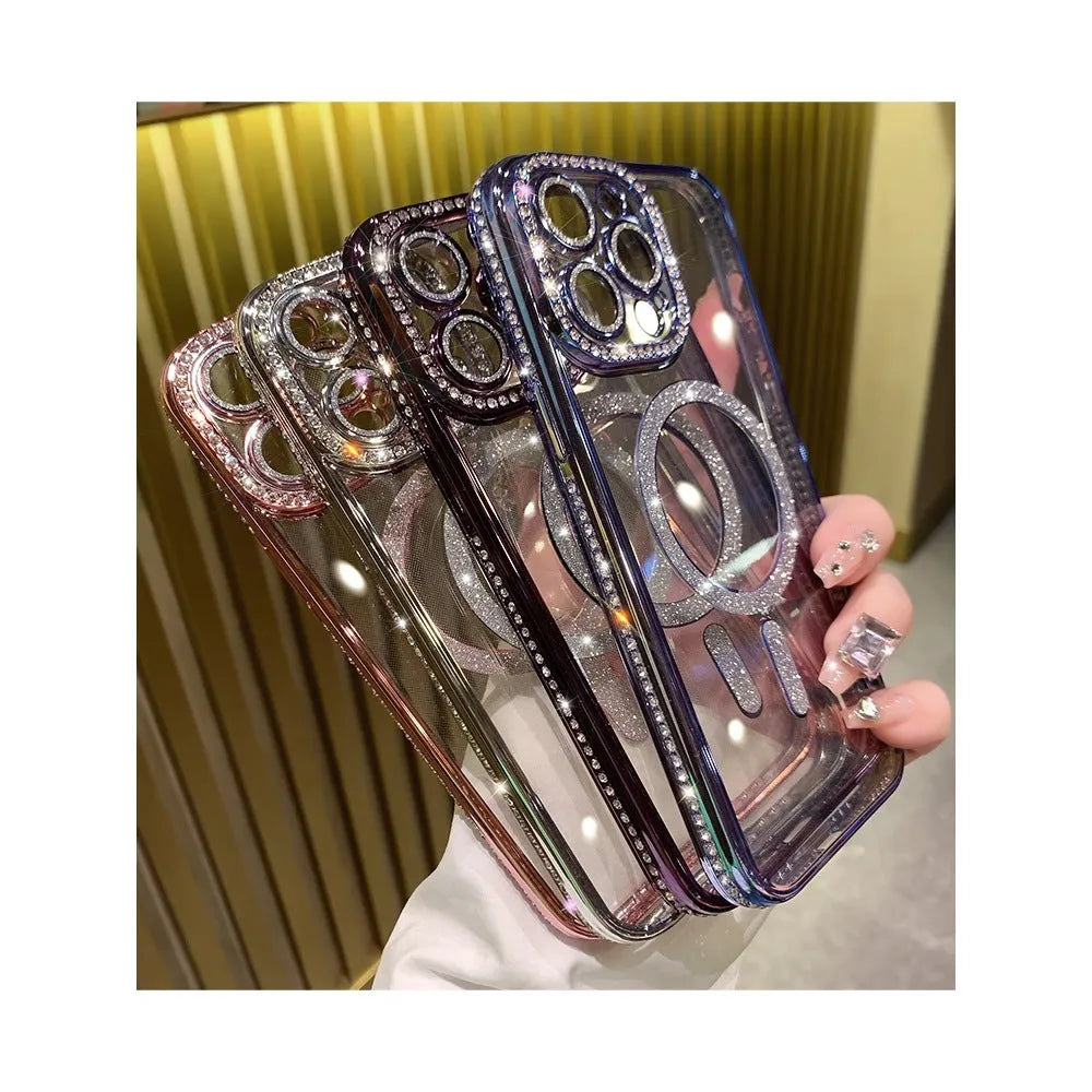 Wireless magnetic silicone phone case for iPhone in four colour options: deep purple, blue, rose gold, and silver.