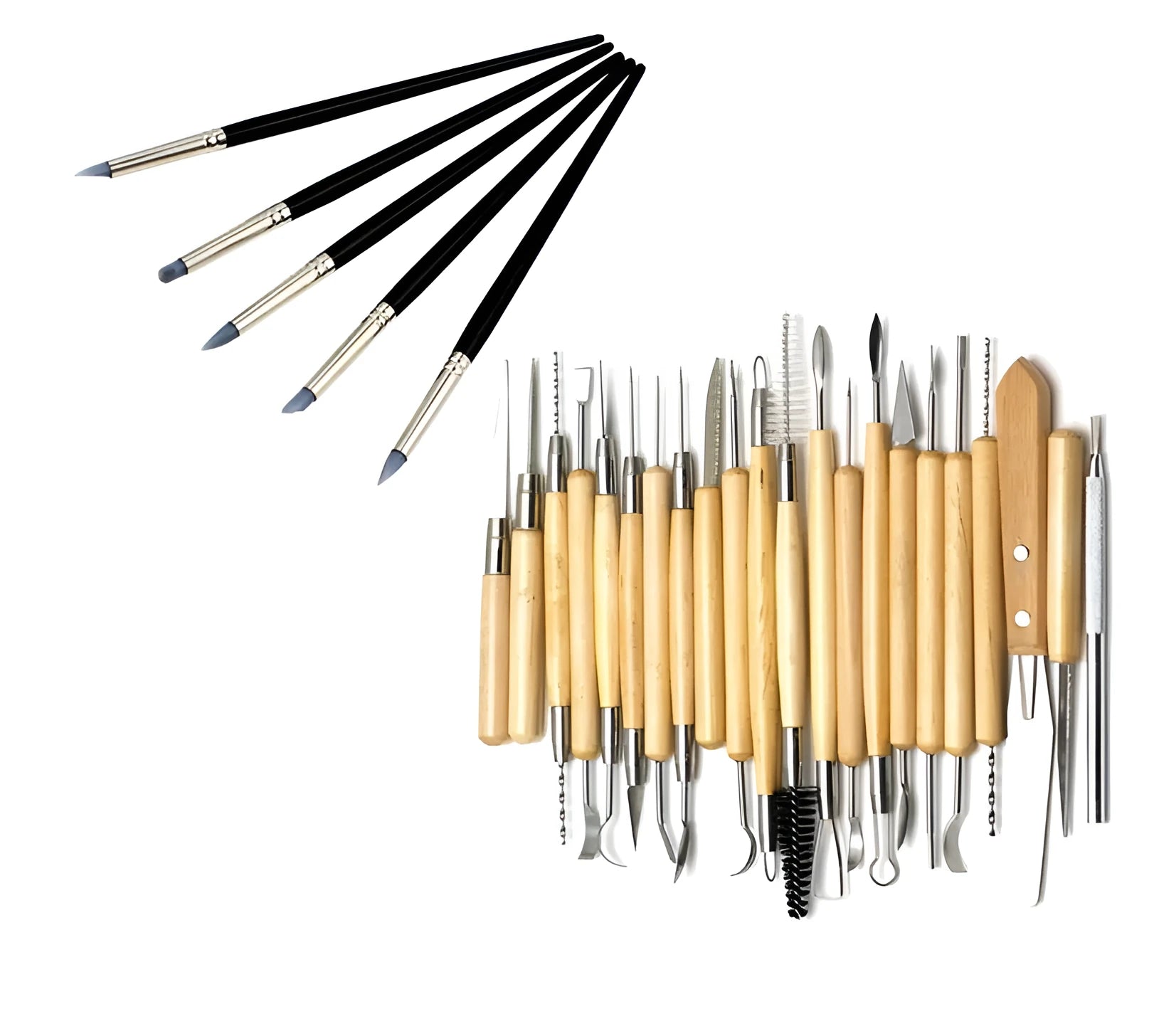 Brown pottery clay tool set with 27 stainless steel, wood and plastic sculpting tools in storage bag