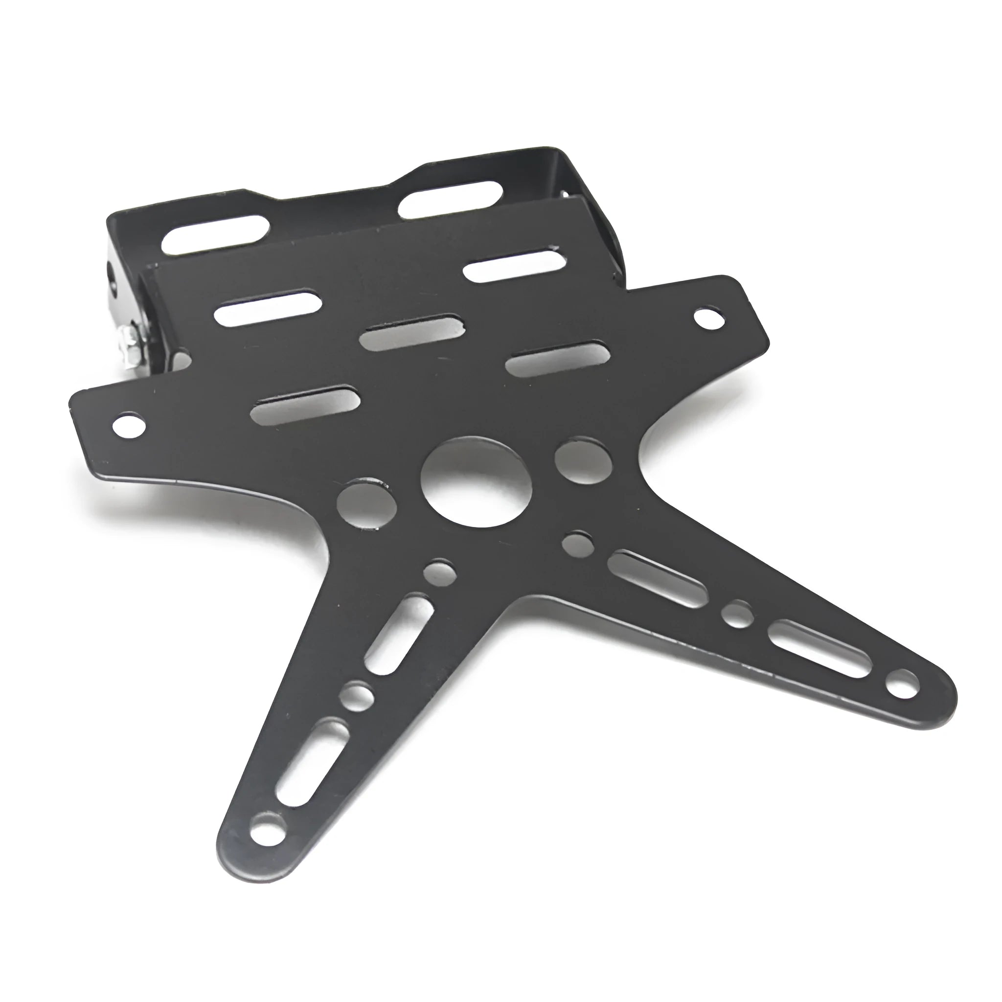 Aluminium alloy bat-shaped motorcycle licence plate frame in black with adjustable angle on rear of bike