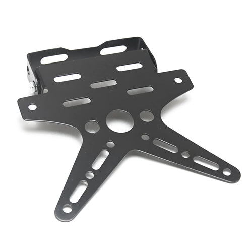Aluminium alloy bat-shaped motorcycle licence plate frame in black with adjustable angle on rear of bike