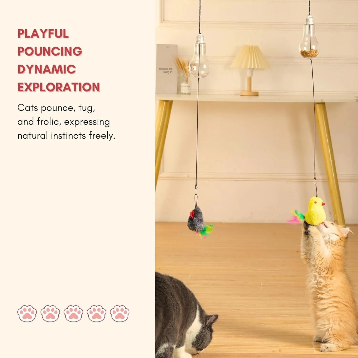 Interactive cat toy hanging from door frame with treat bulb and dangling mouse