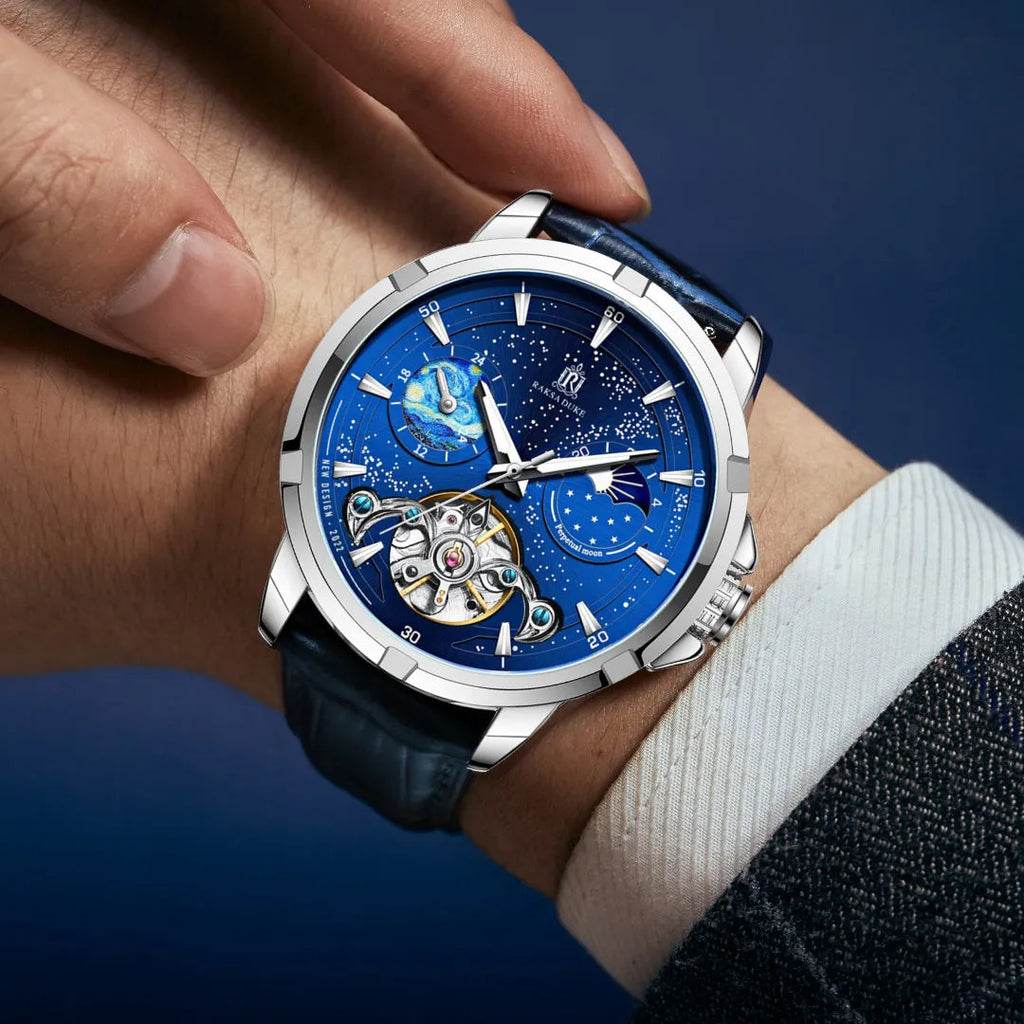 Blue dial men's automatic mechanical watch with stainless steel case on wrist