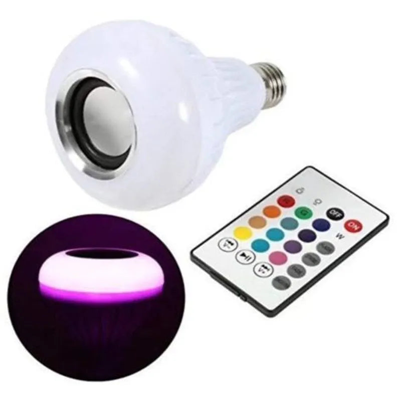 White smart LED bulb with E27 base featuring built-in Bluetooth speaker and 16-colour RGB lighting