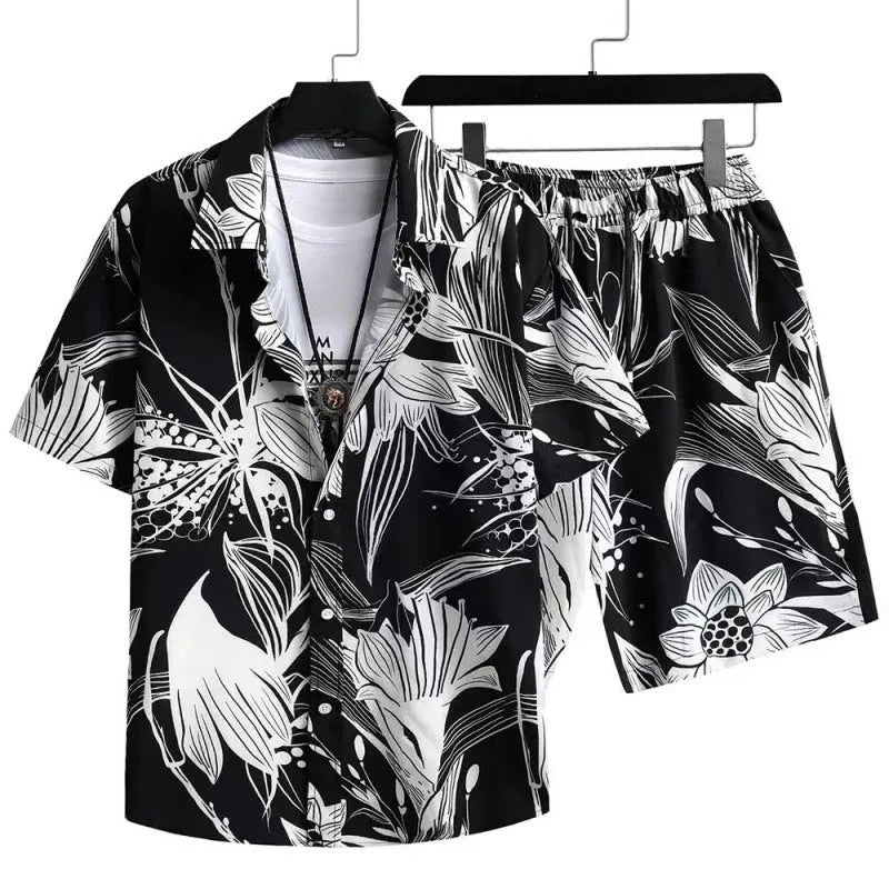 Man wearing a digitally printed short-sleeve cardigan shirt and matching shorts from a casual polyester suit set.