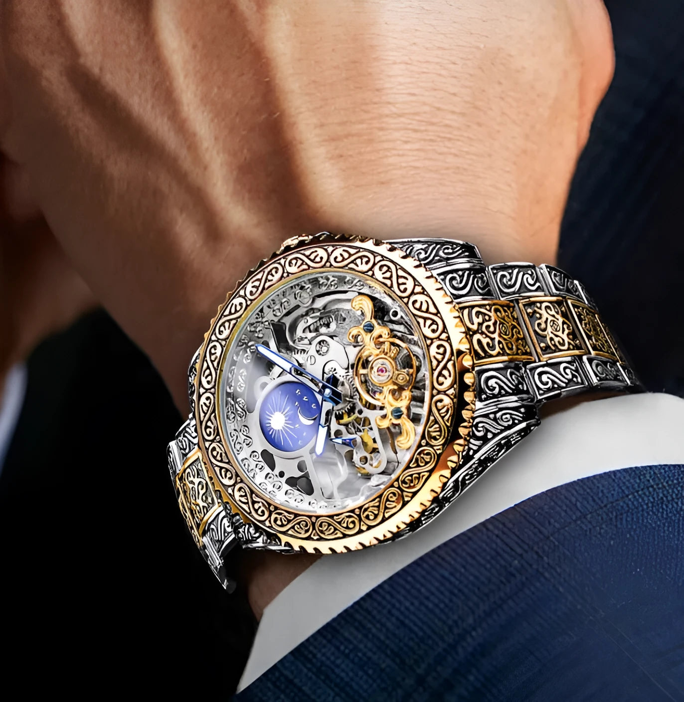 Men's automatic mechanical watch with hollow retro carved dial, moon phase display, stainless steel strap, 44mm gold finish