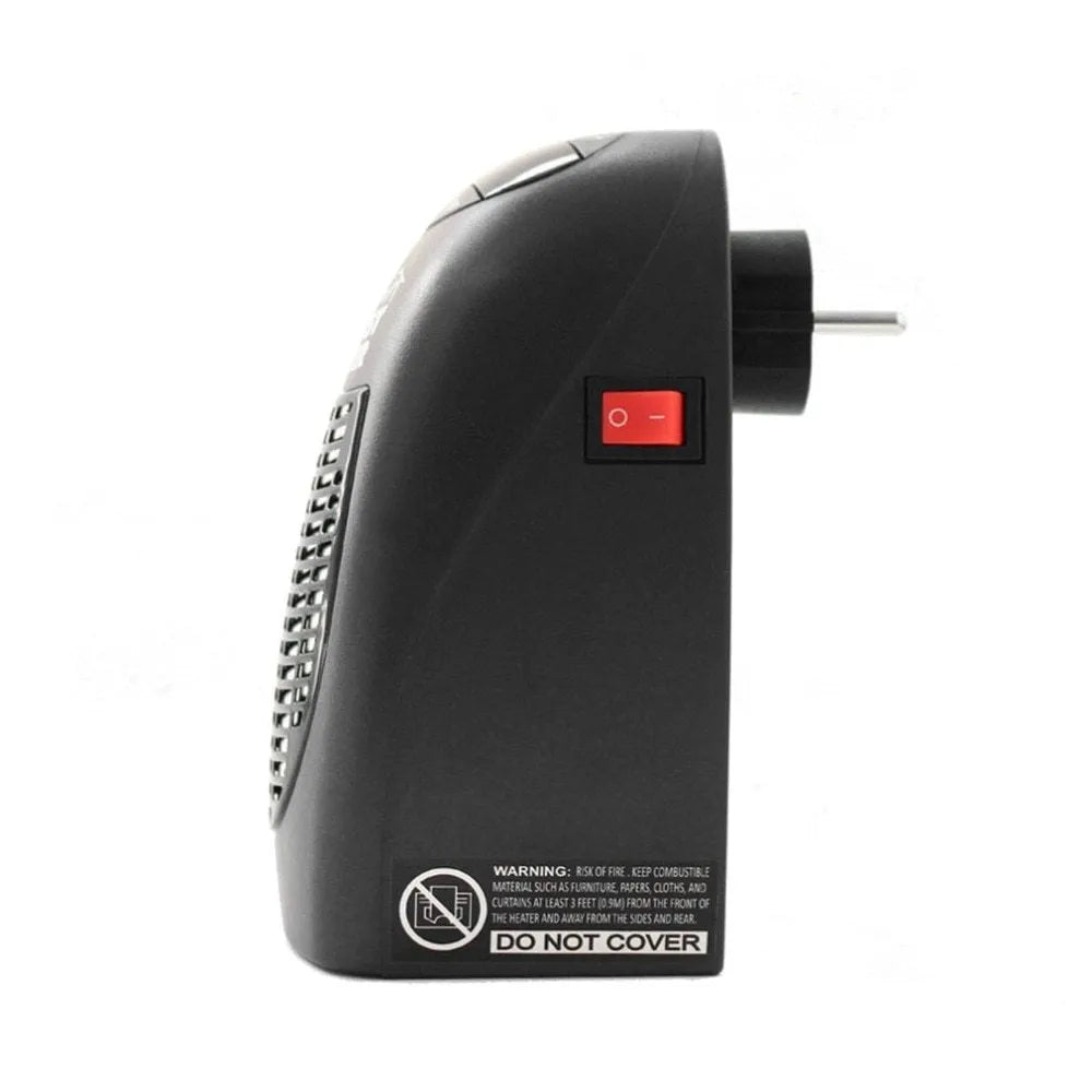 Black mini ceramic electric heater with digital display and a rotating three-prong plug.