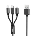Braided charging cable with USB, Micro USB, and Type-C connectors, 1.15m, black