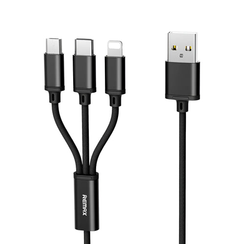 Braided charging cable with USB, Micro USB, and Type-C connectors, 1.15m, black