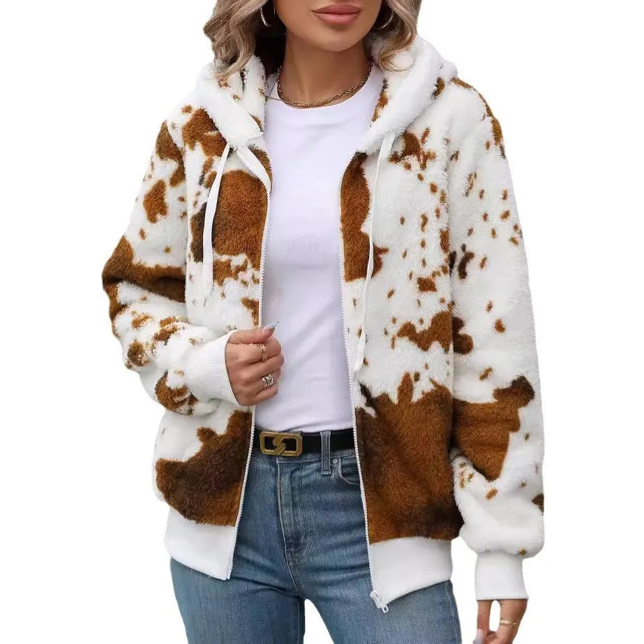 Yellow brown cow animal print hooded cardigan jacket with front zipper in Asian sizing