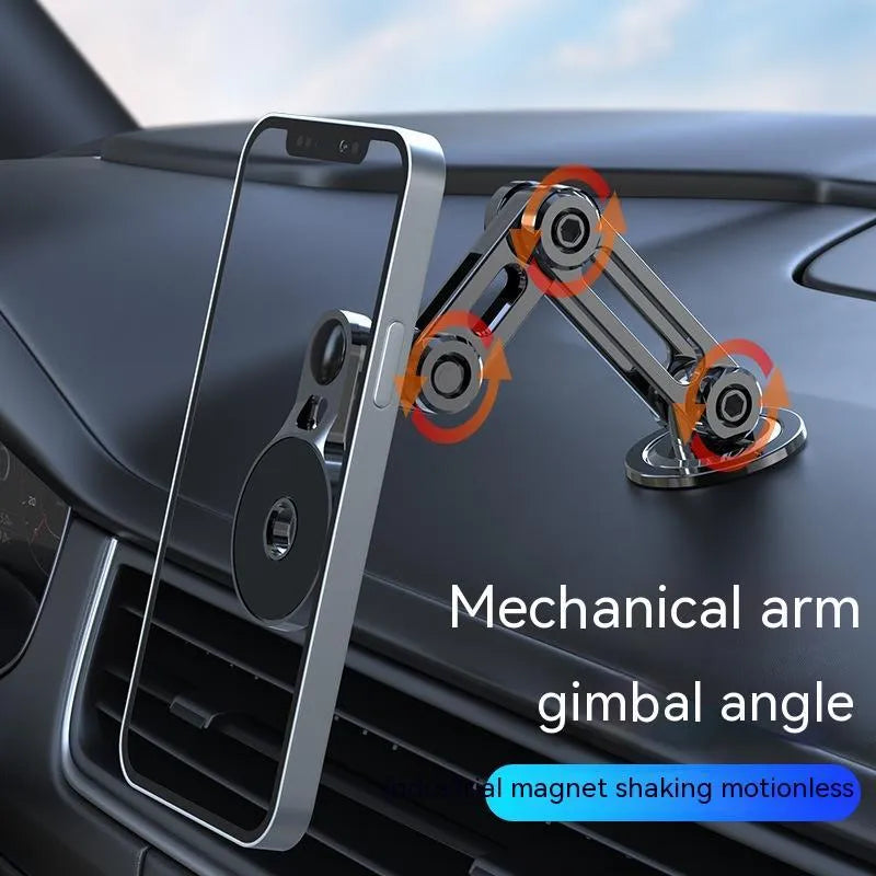 Black magnetic car phone holder mounted on dashboard with phone attached