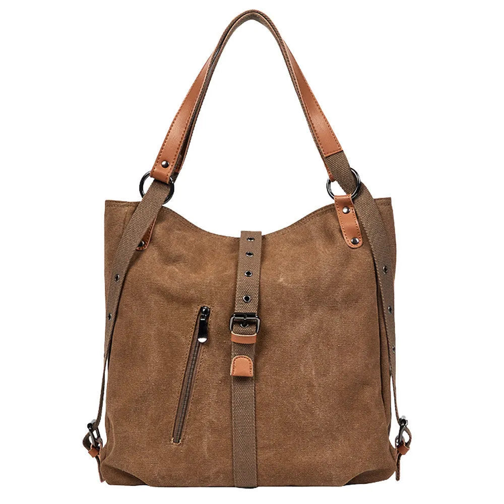 Canvas handbag with anti-theft device, woven detail, soft handle and curved shoulder strap in horizontal square shape