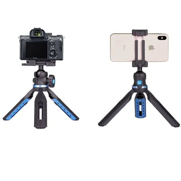 Black desktop mobile phone tripod stand with aluminium alloy legs and a plastic lazy bracket holder.