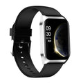 Black smart watch with 1.69-inch screen on a silicone strap, showing heart rate and call icons