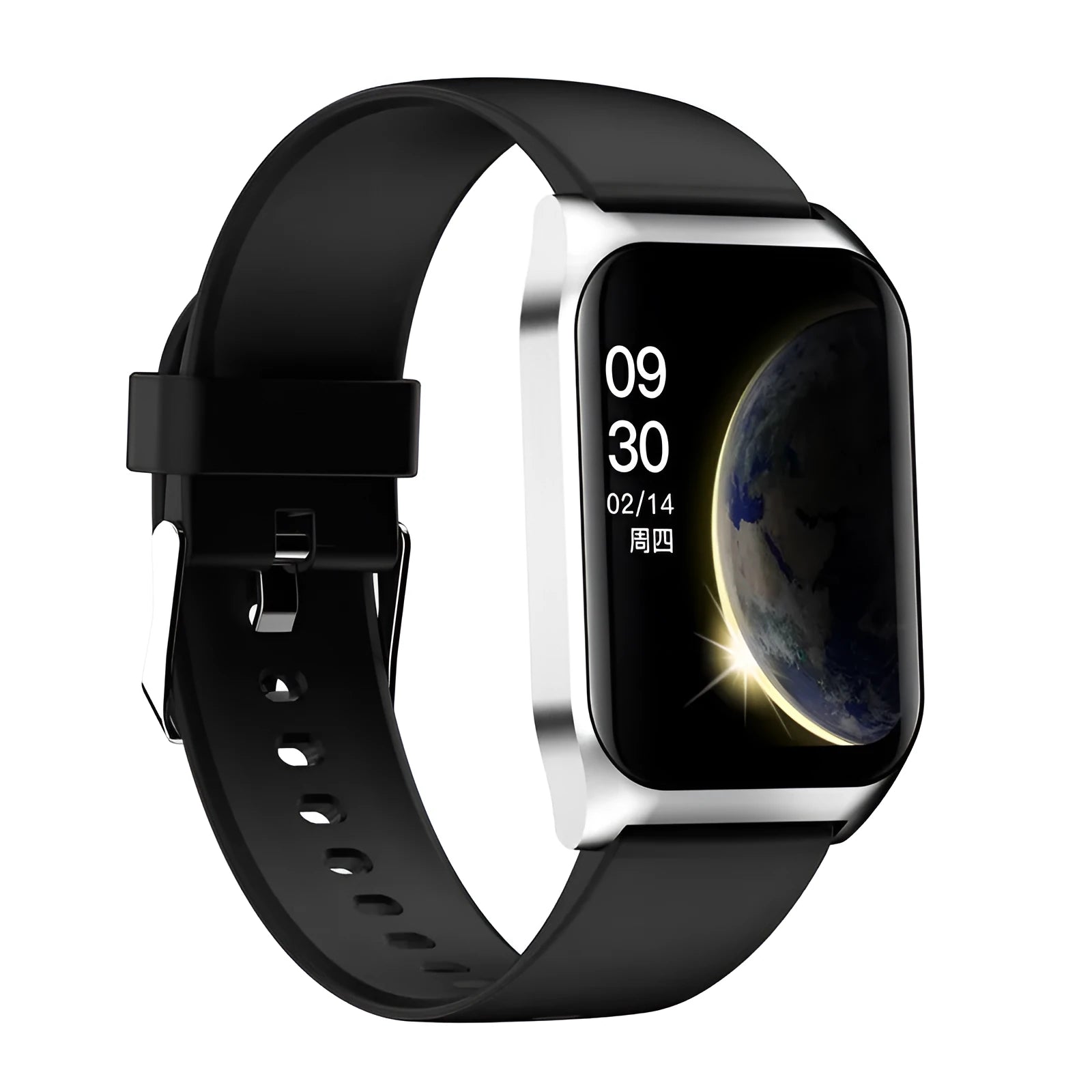 Black smart watch with 1.69-inch screen on a silicone strap, showing heart rate and call icons