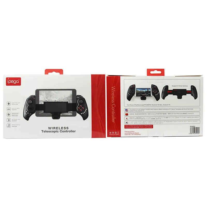 Wireless telescopic gamepad controller extended with mobile phone inserted showing ABS plastic construction