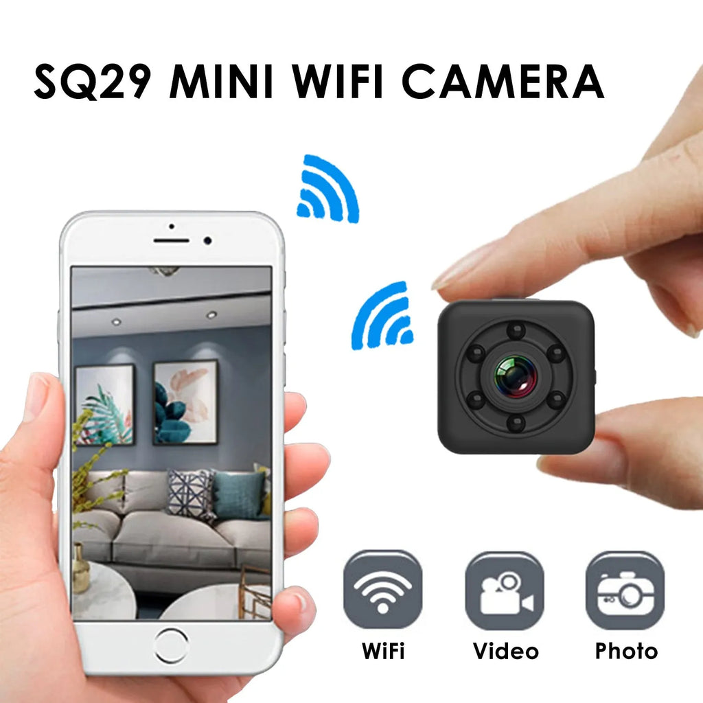 SQ29 black waterproof sports camera showing front view with lens.