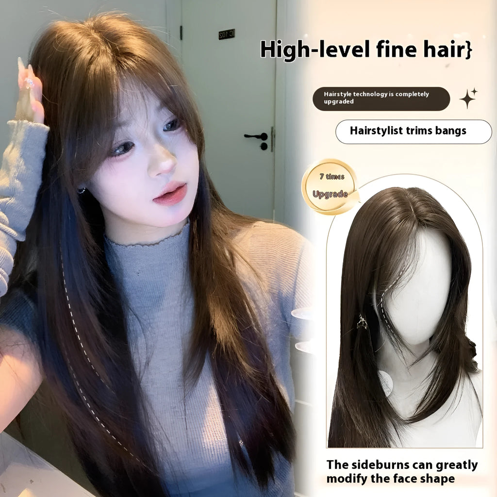 Cold brown layered long straight full-head wig with lace front design
