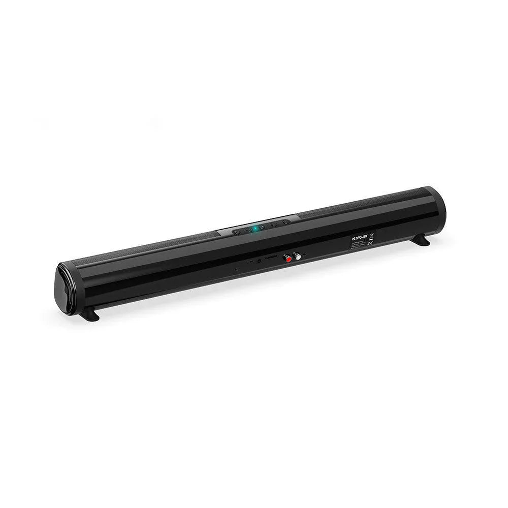 Black high-power Bluetooth sound bar speaker, 58.5cm long, with multiple control buttons and ports.