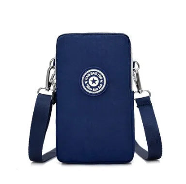 Vertical mobile phone bag in black with Oxford Spinning texture and zipper closure